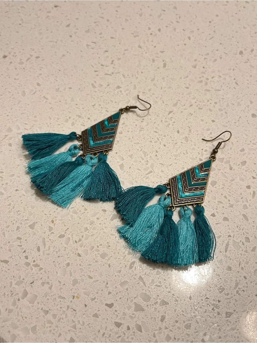Boho Teal Chevron Tassel Drop Earrings